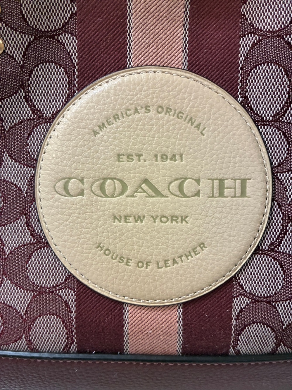 Coach C8448 Dempsey Burgundy and Cream Signature Stripe Satchel - Picture 3 of 8